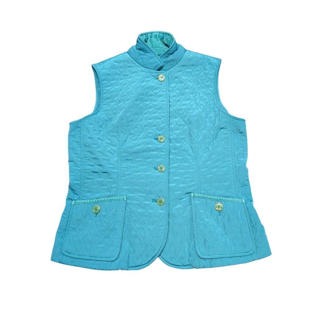 Talbots Quilted Button Up Vest Green/Teal Pockets Corduroy Collar Women's Petite